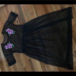 Black mesh dress with pink embroidered roses